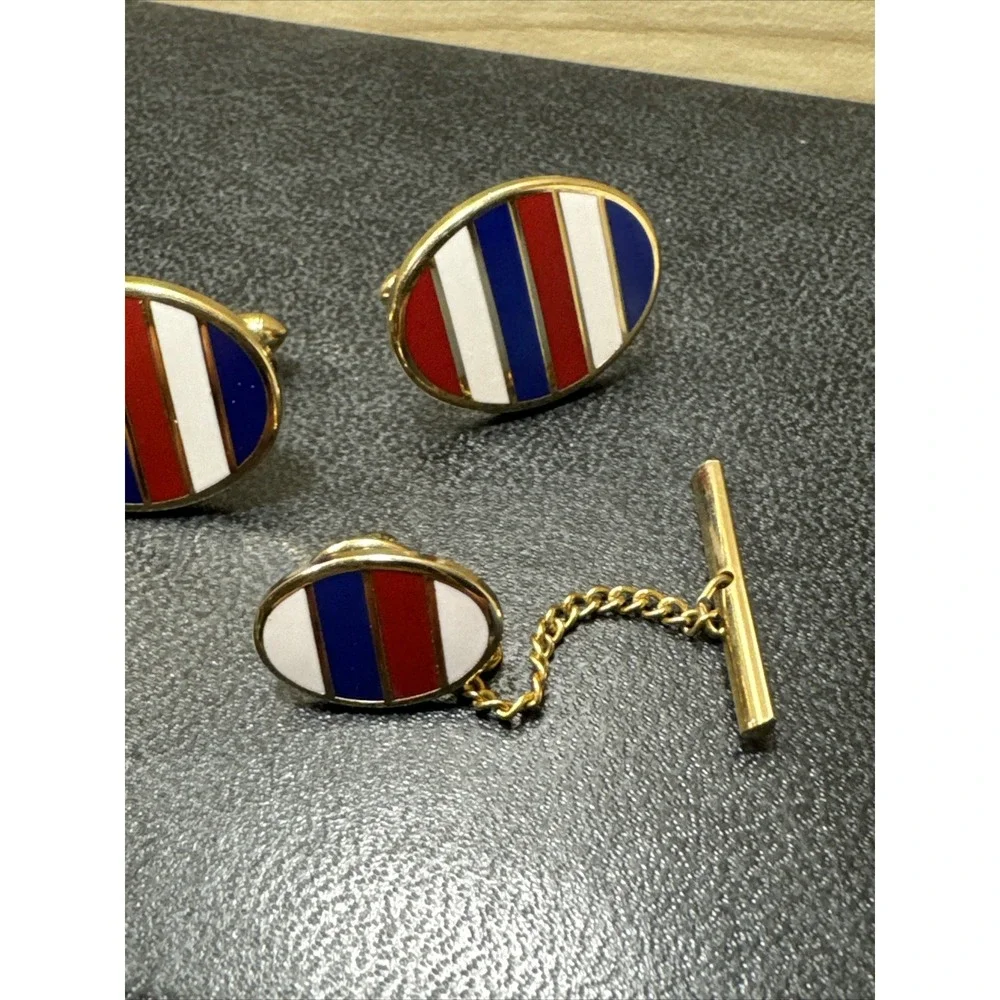 Vintage Red White And Blue Striped Oval Cufflinks and Matching Tie Tac Unmarked
